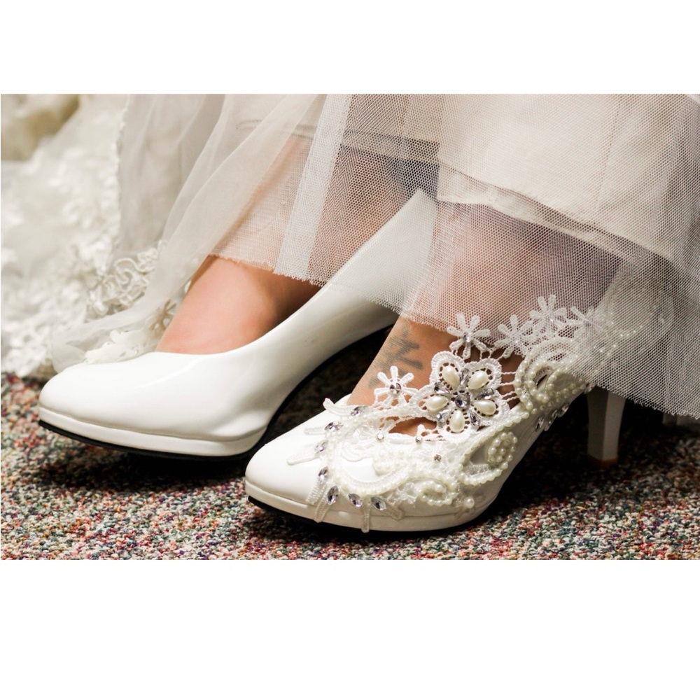 Elegant White Bridal Heels with Floral Lace